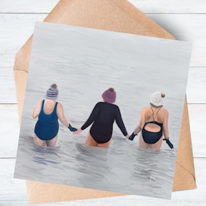 Tarjeta de felicitación / Ilustración de mujeres nadando en la naturaleza / Club de Aguas Frías / Mohawk de alta calidad, 324 g/m² / Cuadrada, 14 x 14 cm