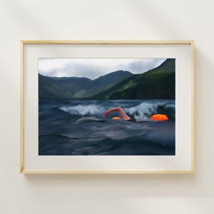 Stormy Swim at Buttermere Art Print | Wild Swimmer Illustration | Giclée Matte Paper Print | Lake District Swim Decor