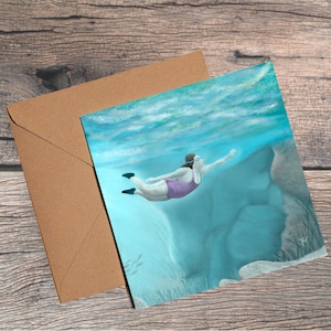 Biglietto d'auguri / Nuotata selvaggia nei Cairngorms / Illustrazione di una nuotata in azzurro / Carta Mohawk di alta qualità da 324 g/m² / Quadrato 5,5 x 5,5 pollici /