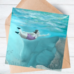 Tarjeta de felicitación / Nado salvaje en los Cairngorms / Ilustración de natación en azul celeste / Tarjeta Mohawk de alta calidad de 324 g/m² / Cuadrada de 5,5 x 5,5 pulgadas /