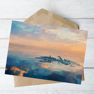 Sea Swim-wenskaart: Sunset Horizon Art, Becky Viney-Baxter