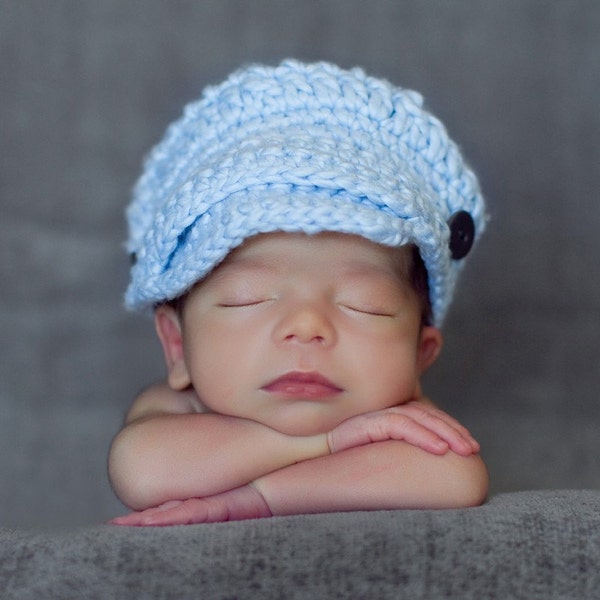 Crocheted Newsboy Hat, Light Blue Organic Cotton, Newborn Photography Prop