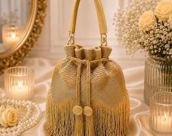 Gold Beaded Potli Bag | Metallic Fringe Evening Handbag, Tassel Handle