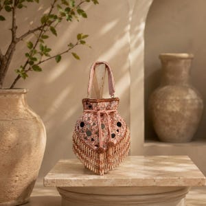 May include: A blush pink drawstring handbag featuring intricate mirror work and bead embellishments. The bag has a structured handle, a cinched top with matching pink cords, and a long, dangling fringe made of small beads along the bottom edge.