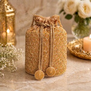 Handmade Indian Potli Bag, Bridal Potli Purse, Gold Embroidered Clutch, Wedding Potli, Ethnic Drawstring Bag, Festive Indian Handbag