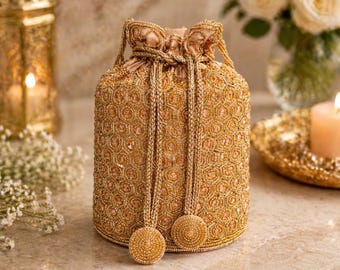 Embroidered Gold Potli Bag, Bridal Drawstring Purse, Festive Indian Handbag