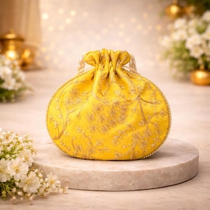 Bolso Potli de seda amarilla, bolso de mano bordado, asa de perlas, Batwa nupcial india
