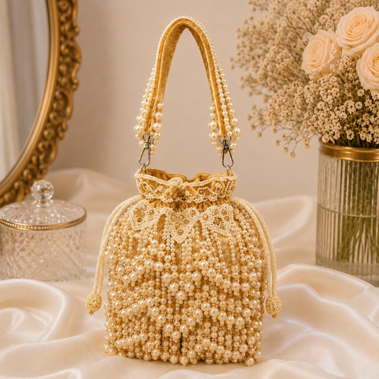 Gold Pearl Embellished Potli Bag Velvet Bridal Handbag with Pearl Handle
