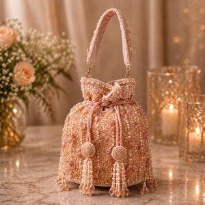 Puede incluir: Un bolso con cordón de color melocotón adornado con cuentas y un asa a juego. El bolso está adornado con perlas y borlas, y presenta un cierre de cordón decorativo. El bolso está adornado con pequeñas cuentas brillantes y tiene un asa suave y aterciopelada.