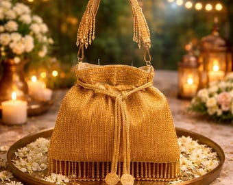 Bolso Potli con cuentas doradas, bolso de mano nupcial, bolso de boda indio, accesorio étnico festivo