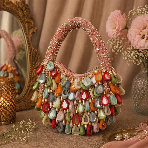 Multicolor Beaded Mini Bag, Handmade Embellished Party Purse, Boho Evening Bag