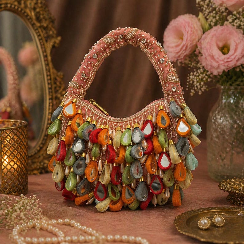 May include: A pink handbag featuring a top handle adorned with intricate beadwork and crystals. The exterior is covered in numerous dangling, teardrop-shaped fabric charms in shades of red, orange, green, and gray, interspersed with small mirrors.