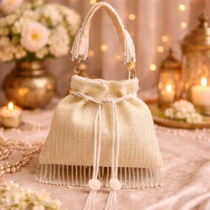 Ivory Pearl Potli Bag, Handmade Beaded Bridal Clutch Purse, Indian Wedding Handbag