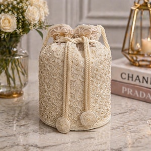 Handmade Ivory Pearl Beaded Potli Bag: Traditional Indian Wedding Clutch