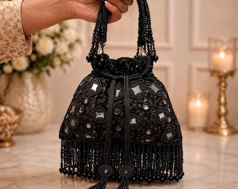 Bolso Potli con cuentas: Bolso de mano étnico para bodas con bordado de perlas y espejos – Regalo para damas de honor