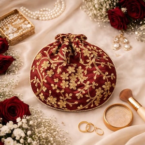 Maroon Silk Potli Bag, Embroidered Batwa Purse, Pearl Handle Clutch