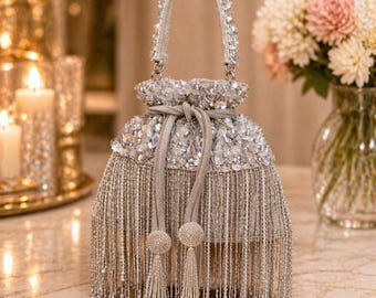 Grey Beaded Potli Bag, Bridal Wedding Clutch, Fringe Evening Purse