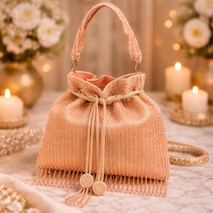 Peach Beaded Potli Bag for Wedding, Handmade Bridal Potli Purse, Indian Wedding Handbag, Luxury Pearl Evening Clutch, Bridesmaid Gift Bag