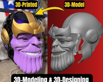 May include: A split-view image showing a purple and gold Thanos mask labelled 3D-Printed on the left and a grey digital 3D-Model on the right. Text at the top reads COSPLAY PROPS FOR 3D PRINTING and at the bottom 3D-Modeling & 3D-Designing Service.