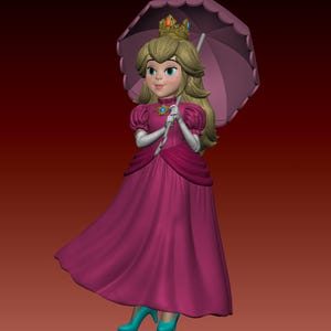 May include: A 3D figurine of a character with blonde hair wearing a gold crown with red and blue gems, a dark pink floor-length gown with puffed sleeves, white gloves, and teal high heels, holding a light purple scalloped edge parasol.