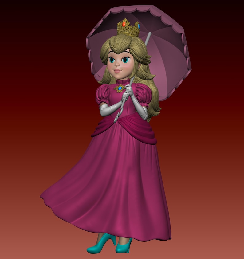 May include: A 3D figurine of a character with blonde hair wearing a gold crown with red and blue gems, a dark pink floor-length gown with puffed sleeves, white gloves, and teal high heels, holding a light purple scalloped edge parasol.