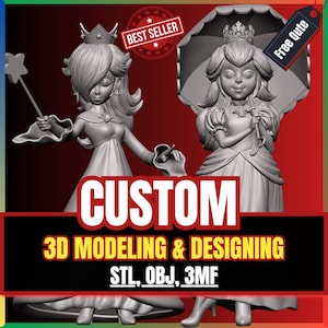 May include: Two grey 3D-printed figures of female characters in gowns, one holding a star wand and the other an umbrella. Text reads: BEST SELLER, Free Qute, CUSTOM, 3D MODELING & DESIGNING, STL, OBJ, 3MF. The figures feature crowns and detailed hair.