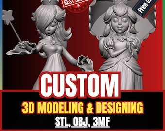 May include: Two grey 3D-printed figures of female characters in gowns, one holding a star wand and the other an umbrella. Text reads: BEST SELLER, Free Qute, CUSTOM, 3D MODELLING & DESIGNING, STL, OBJ, 3MF. The figures feature crowns and detailed hair.