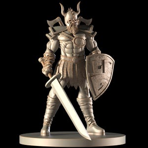 May include: A monochromatic 3D printed figurine of a muscular warrior wearing a horned helmet and armor. The figure holds a long sword in the right hand and a shield with the letters LG engraved on the front in the left hand, with two axes on the back.