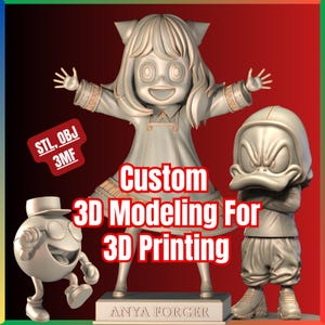 May include: Three monochromatic 3D printed figures including a central character with wide eyes and arms outstretched, a round character with glasses, and a hooded character with crossed arms. Text reads: STL, OBJ, 3MF, Custom 3D Modeling For 3D Printing.
