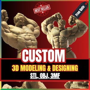 Pode incluir: Duas figuras humanoides musculosas de cor bronzeada em poses dinâmicas com os punhos levantados. A imagem apresenta o texto BEST SELLER, Free Qute, CUSTOM, 3D MODELING & DESIGNING e STL, OBJ, 3MF. As figuras estão sobre um fundo vermelho e preto.