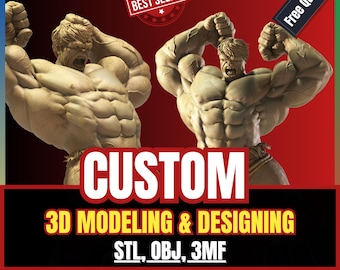 May include: Two tan-coloured, muscular humanoid figures in dynamic poses with raised fists. The image features text that reads BEST SELLER, Free Qute, CUSTOM, 3D MODELING & DESIGNING, and STL, OBJ, 3MF. The figures are set against a red and black background.