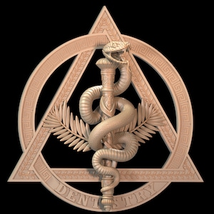 May include: A light brown, three-dimensional emblem featuring a central staff entwined by a snake with an open mouth. The design includes a triangle, a circular frame with a Greek key pattern, palm leaves, and the word DENTISTRY at the base.