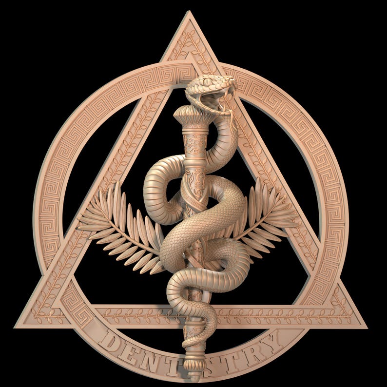 May include: A light brown, three-dimensional emblem featuring a central staff entwined by a snake with an open mouth. The design includes a triangle, a circular frame with a Greek key pattern, palm leaves, and the word DENTISTRY at the base.