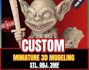 May include: A light-coloured 3D-modelled goblin figurine holding a sword and a shield. The image features text including BEST SELLER, Free Qute, CUSTOM, MINIATURE 3D MODELLING, and STL, OBJ, 3MF. The goblin has large ears and a wide, toothy grin.