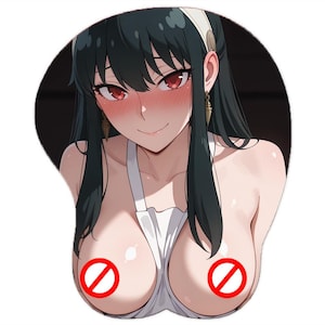 May include: An anime-style mousepad featuring a smiling female character with long black hair, red eyes, and a white apron. The mousepad has a rounded shape and a black background.