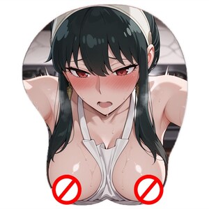 May include: A custom-shaped mousepad featuring an anime-style illustration of a woman with black hair, red eyes, and a white apron. The mousepad has a wrist rest and a non-slip base.
