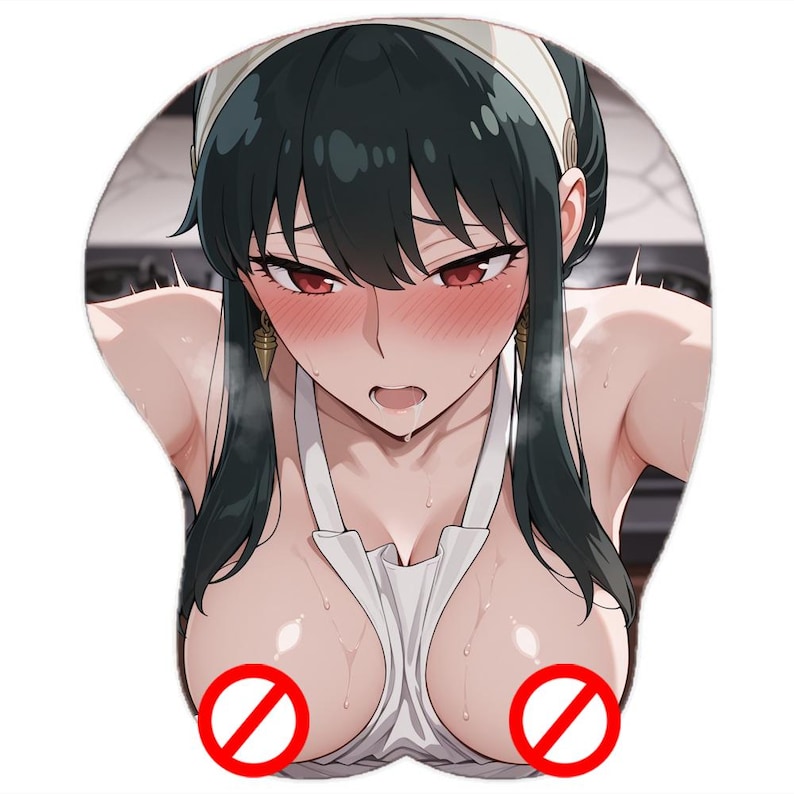 May include: A custom-shaped mousepad featuring an anime-style illustration of a woman with black hair, red eyes, and a white apron. The mousepad has a wrist rest and a non-slip base.