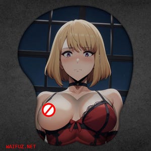 May include: An anime-style mousepad featuring a female character with blonde hair and purple eyes. She is wearing a red and black lingerie set. The mousepad has a dark gray background with a window in the background.