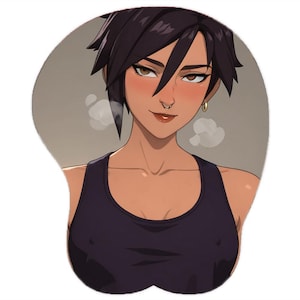 May include: Ergonomic mousepad featuring a stylized anime-style illustration of a woman with short dark hair, a nose ring, and a dark purple tank top. The mousepad has a wrist rest for added comfort and support.