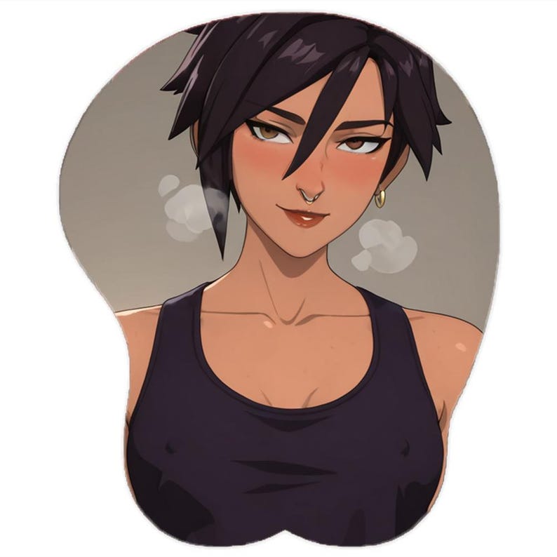 May include: Ergonomic mousepad featuring a stylized anime-style illustration of a woman with short dark hair, a nose ring, and a dark purple tank top. The mousepad has a wrist rest for added comfort and support.