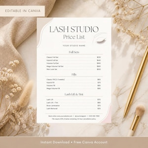 Könnte beinhalten: Eine weiße Lash Studio Preislisten-Vorlage mit schwarzem Text, die Abschnitte für Full Sets, Fills und Lash Lift & Tint enthält. Das Design umfasst eine Strichzeichnung eines Auges mit Wimpern und den Text Editable in Canva oben links.