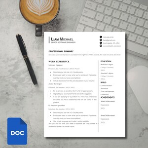 May include: A resume template with the name Liam Michael, Senior Software Engineer, displayed prominently. The document includes sections for professional summary, work experience, education, skills, and achievements. A cup of coffee and a keyboard are in the background.