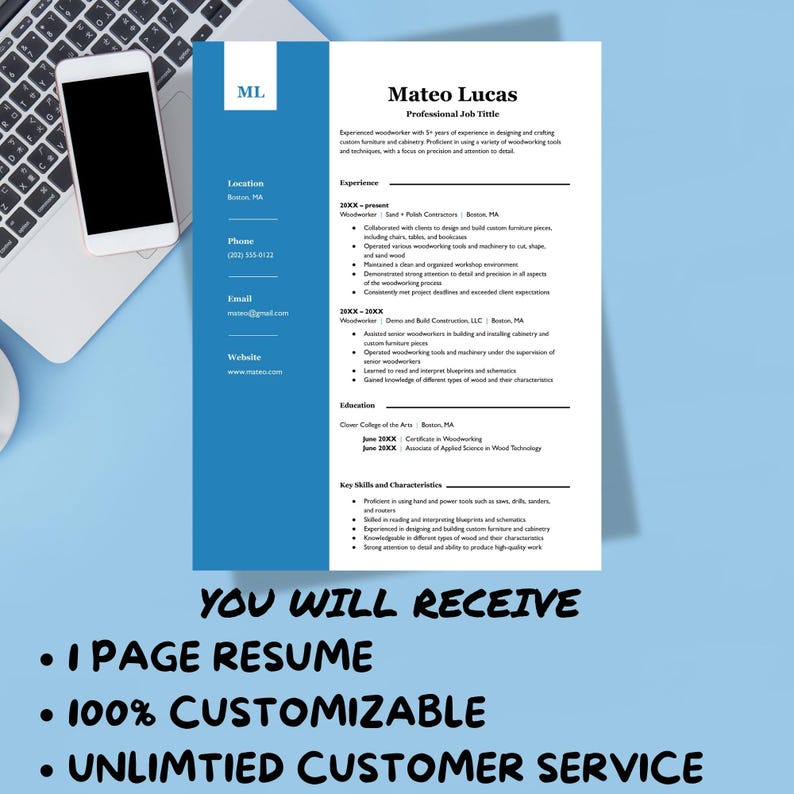 May include: A resume template with the name Mateo Lucas and the title Professional Job Title. The resume is white with blue accents and includes sections for experience, education, and skills. A laptop and smartphone are visible in the background. The text reads: YOU WILL RECEIVE - 1 PAGE RESUME - 100% CUSTOMIZABLE - UNLIMITED CUSTOMER SERVICE.