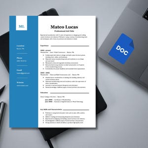 May include: A resume for Mateo Lucas, a professional woodworker, with a blue and white design. The resume lists experience, education, and key skills, including proficiency in woodworking tools and custom furniture design. A laptop with a "DOC" sticker is in the background.