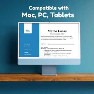 May include: A computer monitor displaying a resume template with the name "Mateo Lucas" and professional experience. The screen has a blue and white design, with the text "Compatible with Mac, PC, Tablets" at the top.