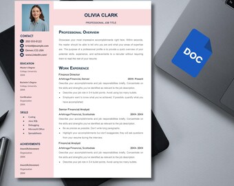 ATS Modern Photo Resume Template, CV Template Word, Google Docs (Instant Download)