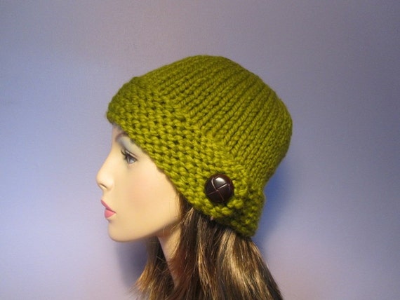 Items similar to Knit Hat - Warm Green Chunky Knit Hat with Genuine ...