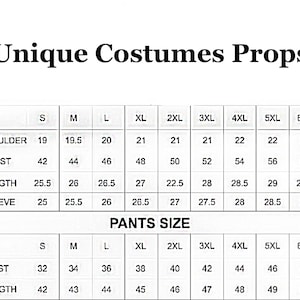 Peut inclure: Tableau des tailles pour costumes et accessoires. Il comprend les mesures des &eacute;paules, de la poitrine, de la longueur et des manches, ainsi que de la taille et de la longueur du pantalon. Tailles de S &agrave; 6XL.