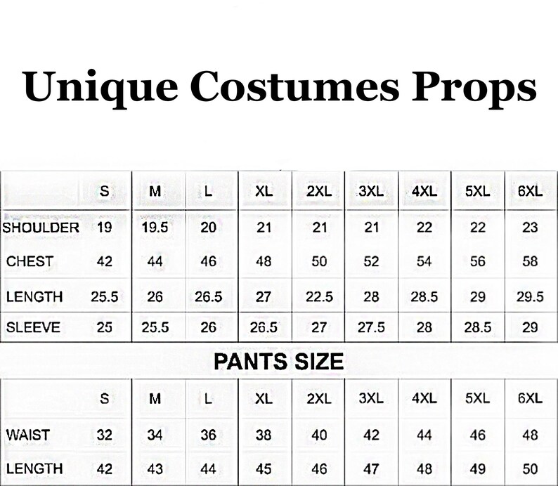 Peut inclure: Tableau des tailles pour costumes et accessoires. Il comprend les mesures des &eacute;paules, de la poitrine, de la longueur et des manches, ainsi que de la taille et de la longueur du pantalon. Tailles de S &agrave; 6XL.