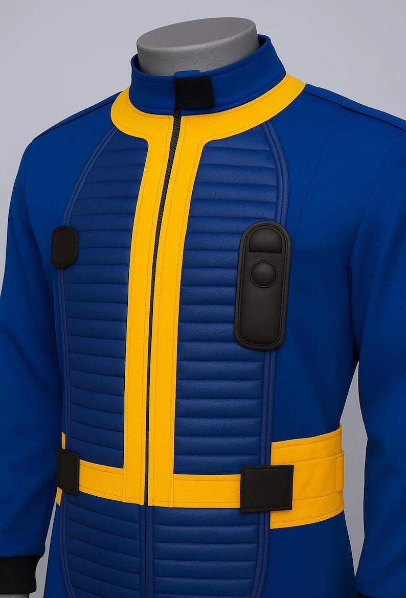 Op de afbeelding: Blauw en gele jumpsuit met een hoge kraag en zwarte accenten. Het kostuum heeft een verticale gele streep aan de voorkant, een gele riem en zwarte patches. De borst heeft een gewatteerd ontwerp.